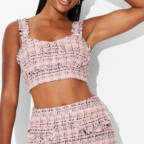 Wild Fable Tweed Boucle Tiny Tank Crop Top & Skort Set Pink NWT Skirt Spring - Picture 3 of 16